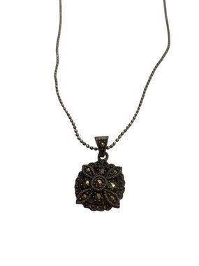 Vintage-Inspired Marcasite Flower Pendant Necklace Dark Silver 15” length